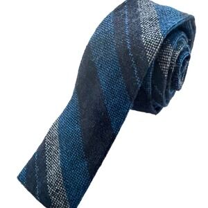 Churchill Weavers Skinny Wool Necktie Hand Woven Square Blue Gray Striped 60-70s